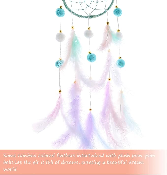 Pretty Jolly Green Cat Kids Dream Catcher Wall Decor Pompom Feather Baby Dreamcatcher Handmade Children Dream Catcher Home Décor Wall Hanging for Nursery Bedroom Boys Girls Birthday Gift-25.6in