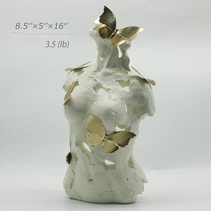 Lukitas Abstract Female Bust with Butterflies Sculpture, Aphrodite Statue, Body Figurine Art Decor, Beauty of Defects, Greek Goddess Bust Ornament for Office Living Room Desk Shelf, Beige, Resin 16"