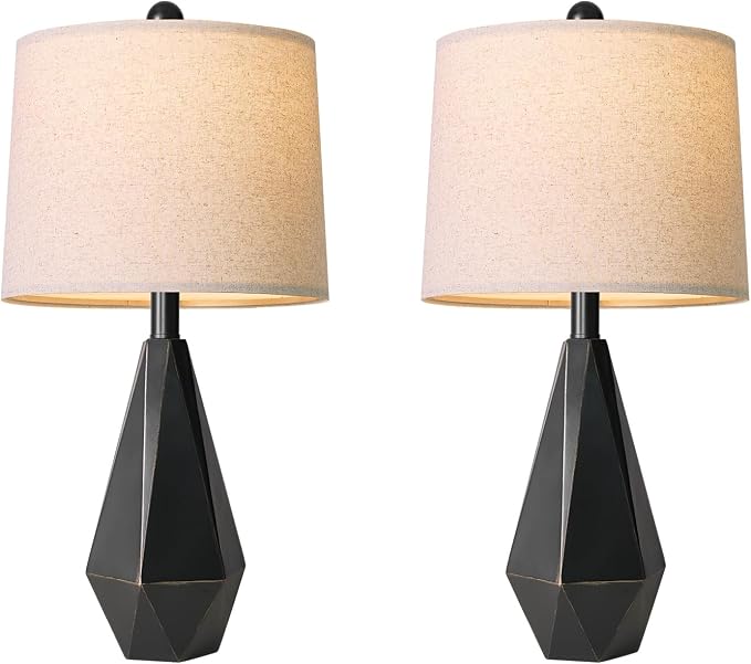 PoKat Table Lamps Set of 2 for Bedroom, 23.5'' High Farmhouse Nightstand Lamps for Living Room, Modern Bedside Lamps with Linen Shade for Office Sideboard Hallway Gift (Matte Black)