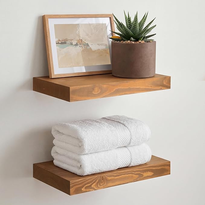 Homeforia 12 inch Golden Oak Floating Shelf, High End Solid Real Wood 12inch Small Floating Shelves for Wall Mounted, Oak Wooden 12in Floating Shelves, Heavy Duty Bracket, 12 X 6.5 X 1.75 in, Set of 4