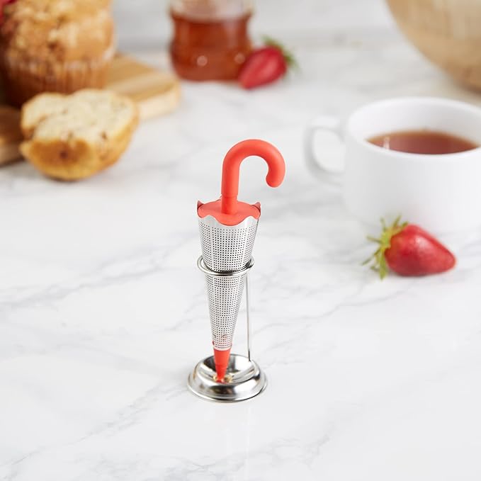RSVP International Novelty Loose Leaf Tea Infuser/Strainer Includes Drip Stand, Umbrella/Stand, 1.25 x 5"