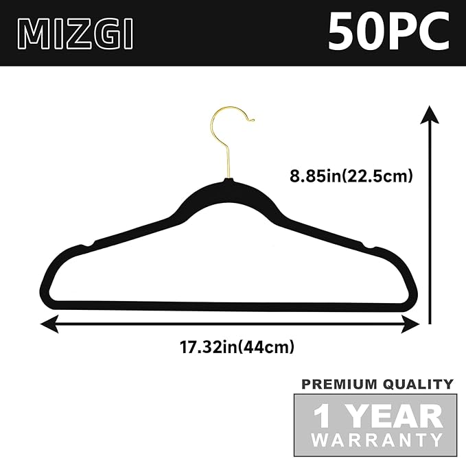 MIZGI Premium Velvet Hangers Pack 50 Pcs Heavyduty - Non Slip Slimline - Velvet Suit Hangers Black - Gold Hooks,Space Saving Clothes Hangers …