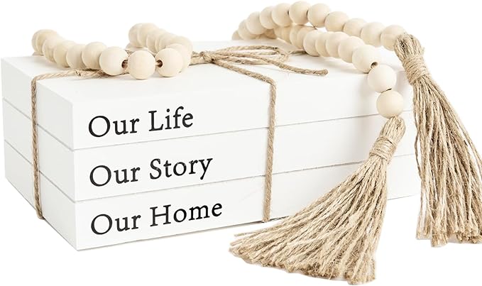 Decorative Books for Home Decor, White Faux Books for Decoration, Rustic Farmhouse Stacked Display Books (Our Life Our Story Our Home)