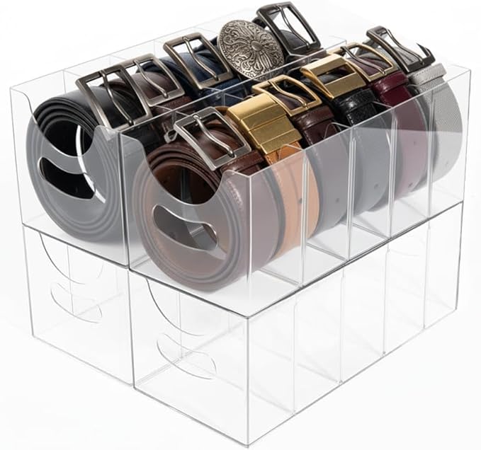 4-Pack Belt storage Organizer for Closet with Removable Dividers - 5 Compartments & Handles Drawer organization and storage for underwear, Socks, and Bow Ties Acrylic Belt Organizers (4)