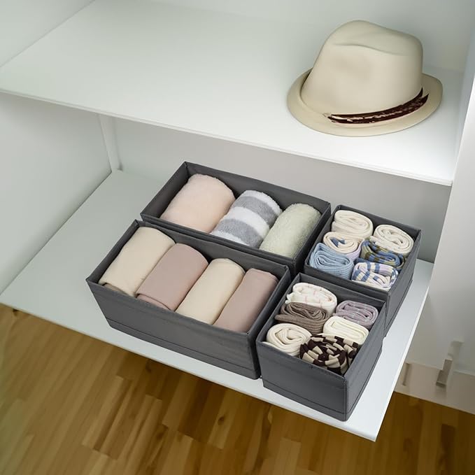 Washable Cloth Drawer Organizer, Set of 4 Foldable Sock Dresser Drawer Organizers Storage Boxes, Fabric Storage Boxes Closet Cabinet Organizer for Clothes (Gray, 2M+2S)