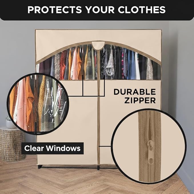 HOLDN’ STORAGE Portable Wardrobe Closet - 65 lb Large Capacity, Internal Heavy Duty Metal Rod, Zipper & Clear Window, Durable Clothes Organizer, Tool-Free Easy Assembly, Beige Canvas Cover