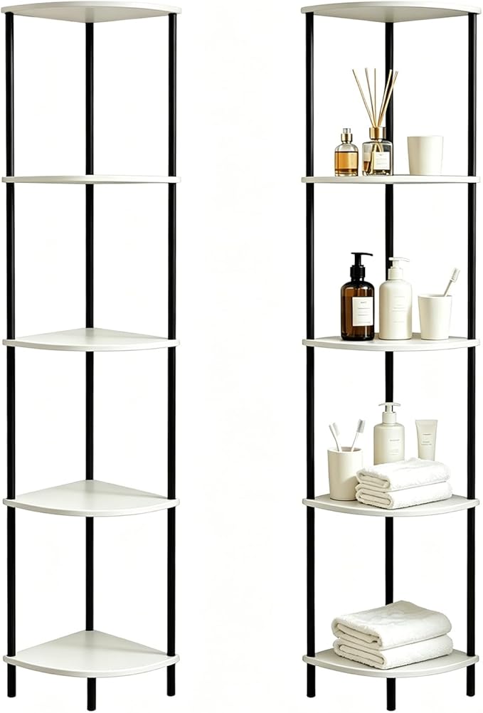 5-Tier Corner Shelf Stand,Tall Narrow Bookshelf for Small Spaces,Rustic Wood & Metal Storage Shelf,Display Plant Stand with Anti-Tip Straps for Bedroom,Living Room,Bathroom,White