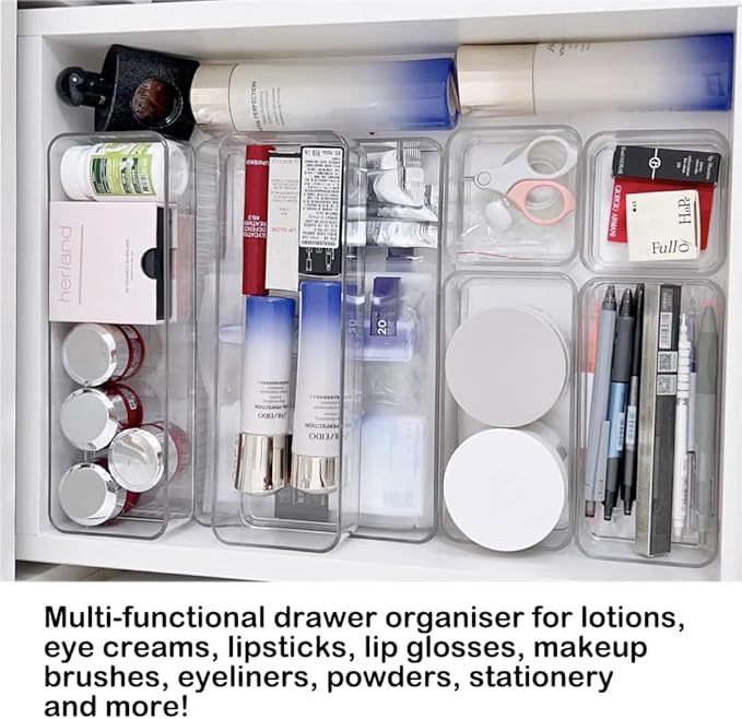 16 Pack Drawer Organizer Set, 4-Size Desk Drawer Organizer Fridge Storage Trays Containers Organization Food Storage Snack Organiser Storage Bins for Makeup Kitchen Utensils Gadgets Office