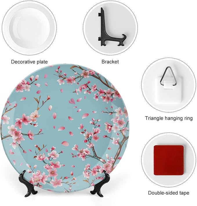 Japanese Spring Theme Decorative Ceramic Plate Round Porcelain Plate,Sakura Tree Branches Pattern,for Decorative Ornaments Giving Plates, 1 Plate with 1 Display Stand,Blue Pink,8 inch