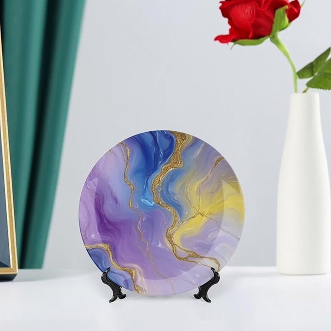 Marble Texture Theme Decorative Ceramic Plate Round Porcelain Plate,7 inch,Abstract Pattern,for Decorative Ornaments Giving Plates,1 Plate with 1 Display Stand,Purple Gold