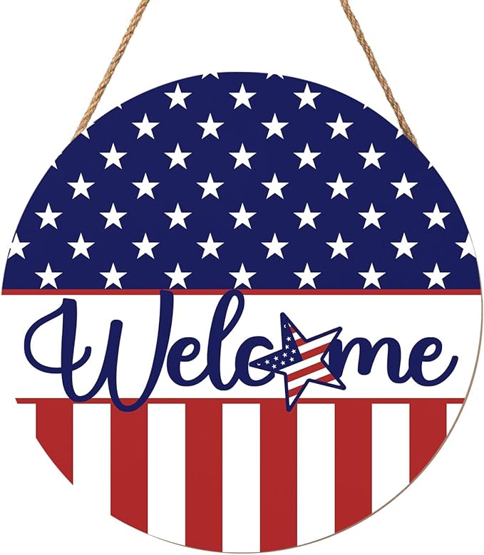Harooni 4th of July Welcome Sign Memorial Day Door Hanger 12x12 Inch American Flag Star Wreaths for Front Door Decor American Patriotic Independence Day Hanging Sign for Home Wall Window Porch Outdoor