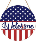 Harooni 4th of July Welcome Sign Memorial Day Door Hanger 12x12 Inch American Flag Star Wreaths for Front Door Decor American Patriotic Independence Day Hanging Sign for Home Wall Window Porch Outdoor