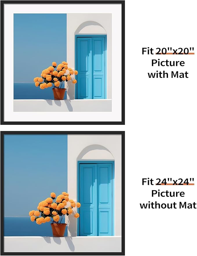 Rempry 24x24 Picture Frame, Display Pictures 20x20 with Mat or 24x24 Without Mat, Wall Hanging or Tabletop Photo Frame, Black Poster Frame, 1 Pack