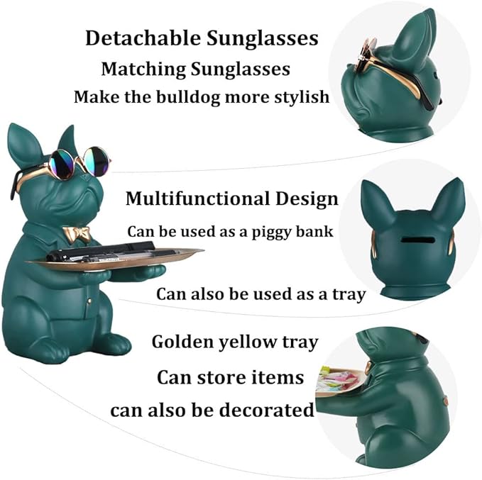 Modern Decor Resin Bulldog Tray Statue Tray Storage Key Holder Candy Jewelry Earrings Tray Suitable for Home Decor Modern Art Dining Table Decor Office Small Object Tray (Green)