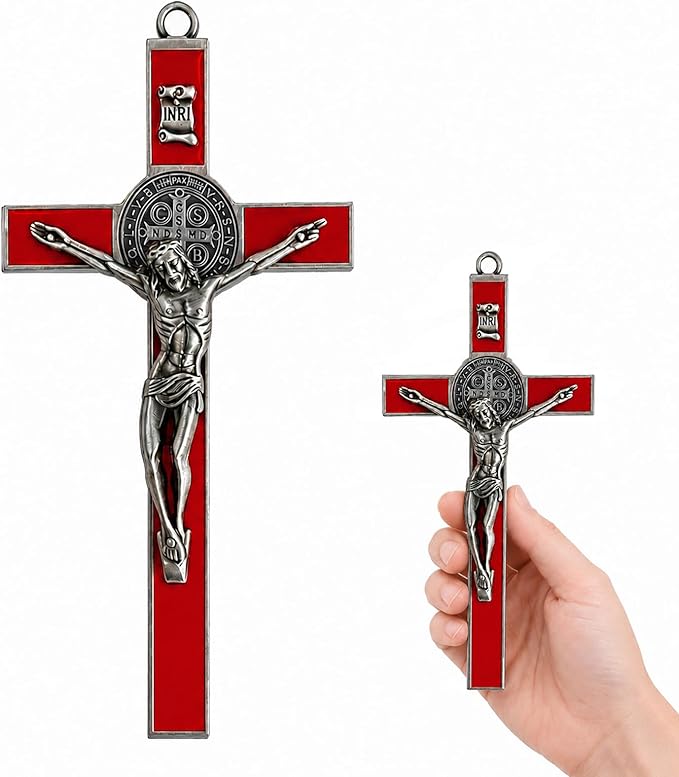 TALPGOD St Benedict Crucifix Silver Red 7.2 Inch,Crucifix Wall Cross for Catholic Decor,Jesus Christ Hanging Cross Wall Art Decor,Escapularios Catolicos,Saint Benedict Medal for Home Decoration