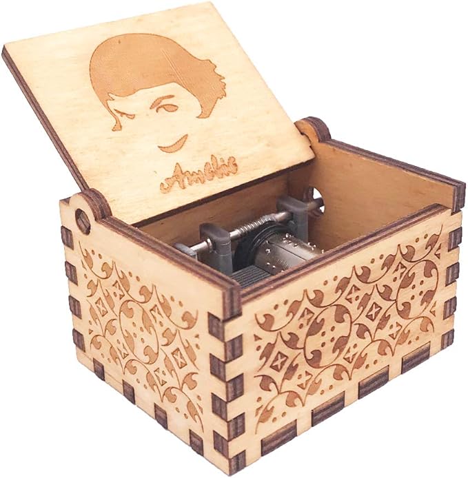Amelie Music Box Hand Crank Musical Box Carved Wooden,Play The Theme Song of Amelie,Brown