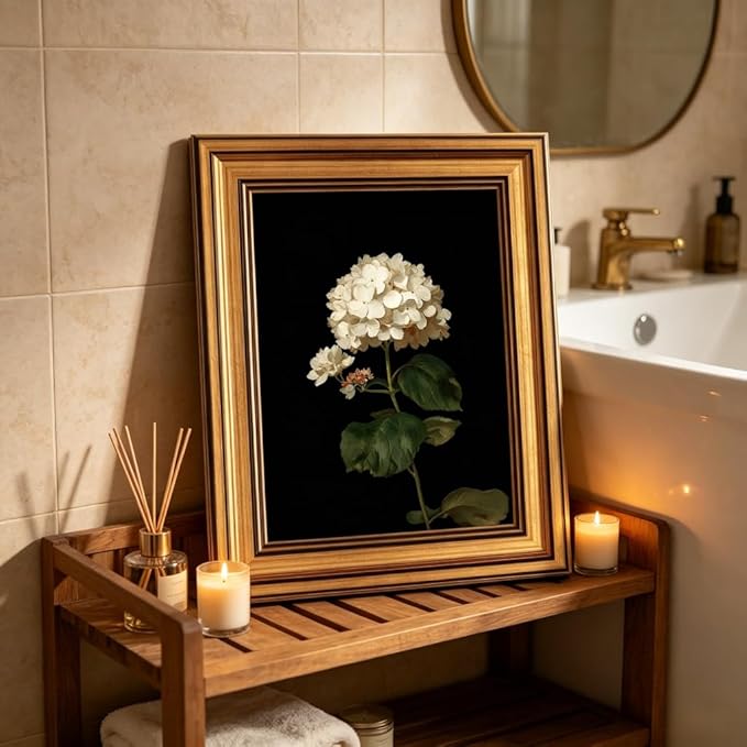Gold Framed Moody Flower Canvas Wall Art White Hydrangea Living Kitchen painting Decor Pictures Bedroom Vintage Plant Floral Posters Prints for Corridor Classroom Bedroom Woman Room Decoration