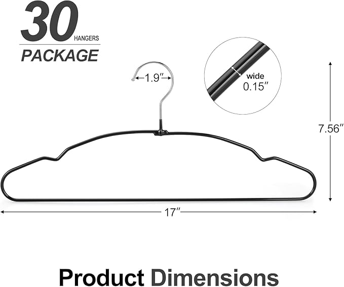 TOPIA HANGER Metal Hangers 30 Pack, Non Slip Clothes Hangers Space Saving, Heavy Duty Rubber Coated Wire Hanger for Coat, Shirt, Dress, Pants-Black, CT12H30