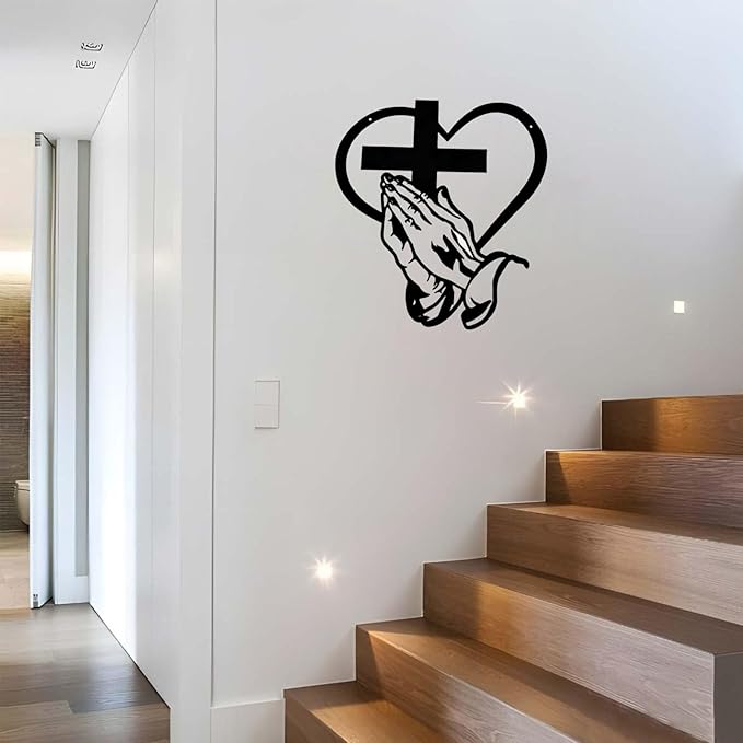 Elegant Metal Christian Heart & Cross Wall Art Decor - 11.8" Praying Hands Design Hanging Decoration for Women Mother’s Day, Bedroom Church Prayer Room Blessed Religious Gift
