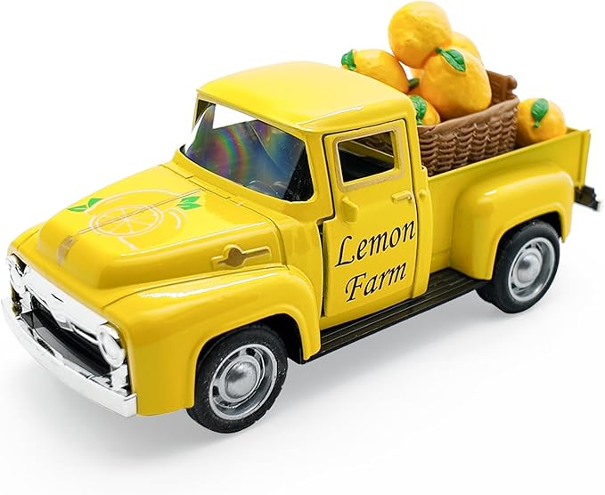 Lemon Truck Decor, Farmhouse Yellow Pickup Truck with Lemons, Tiered Tray Tabletop Decoration, Summer Lemon Kitchen Shelf Decor, Rustic Vintage Home Accent