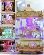 Carousel Music Box with 3 Rotating Horses, Color-Changing LED Lights, Wind-Up Clockwork 18-Note Melody, Small Resin Tabletop Decor, 5.9" Tall x 3.93" Dia (Pink)