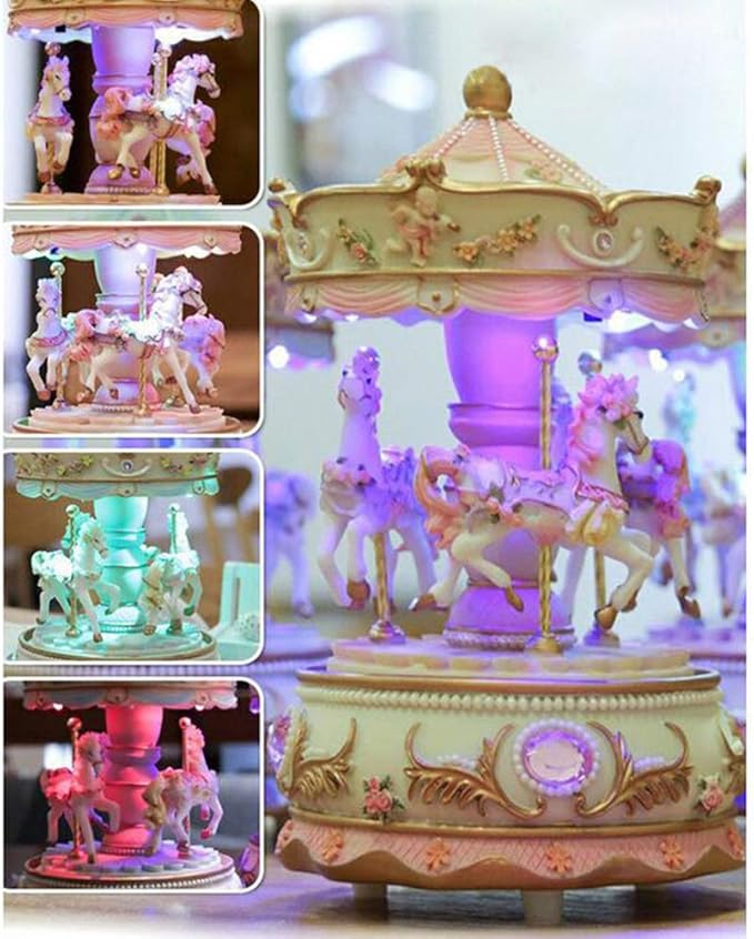 Carousel Music Box with 3 Rotating Horses, Color-Changing LED Lights, Wind-Up Clockwork 18-Note Melody, Small Resin Tabletop Decor, 5.9" Tall x 3.93" Dia (Pink)