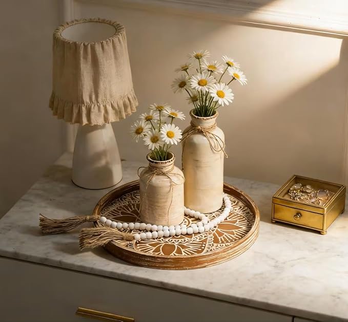 Hanobe Round Decorative Tray for Table: 2Pcs Vintage Coffee Table Trays with Boho Bead Garland for Home Decor - Farmhouse Wood Circle for Kitchen Counter Women