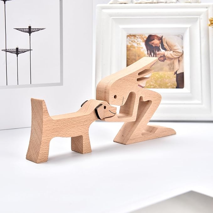 ISHINE Wood Decor Wooden Statue Man and Dog Figurine Handmade Carved Creative Home Office Gift for Men Women Accents Decoration Natural ECO Friendly 7x3 inches (C-Woman Kisses Dog)