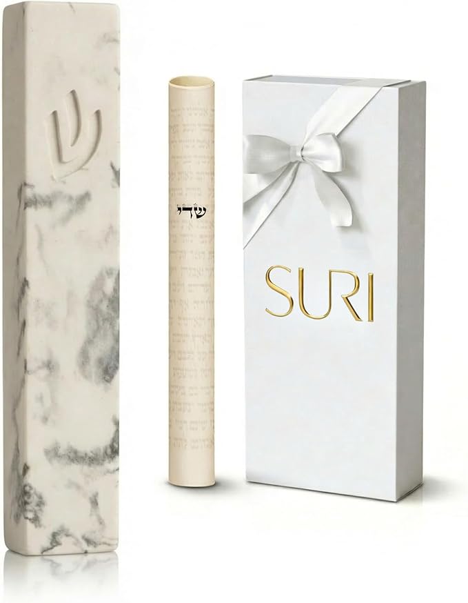 SURI Mezuzah for Door – 7 Inch Marble Cream Concrete Mezuzah Case with Printed Scroll, Self-Stick Jewish Entry Design, Fits a 6 Inch Scroll, Gift Box Included