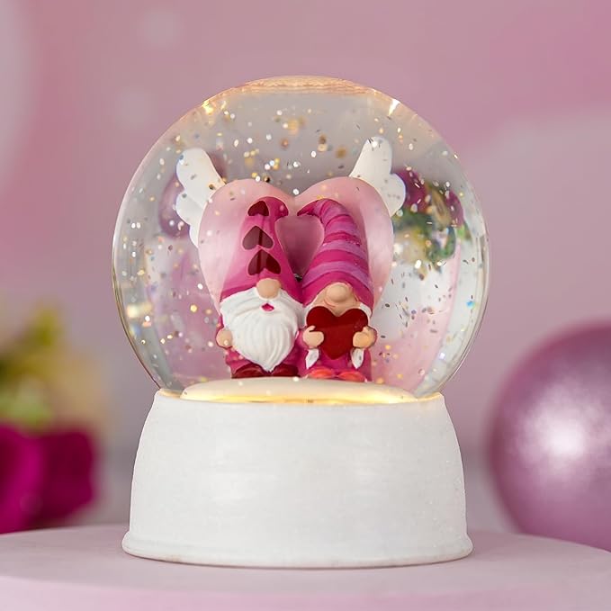 Valentines Day Decor Musical Gnomes Snow Globe, Couple Gnomes Lighted Snow Globe with 6H Timer, USB/Battery Operated, Birthday Wedding Valentine's Day Gifts for Women