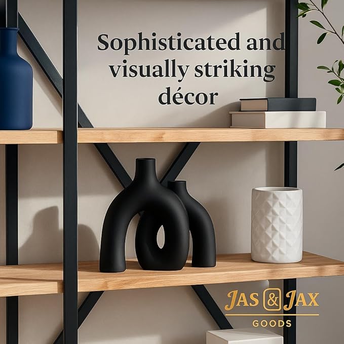 Matte Black Ceramic Vase Set - Modern Hug Donut Ceramic Vases by JAS & JAX GOODS, Minimalistic Nordic Home Decor Centerpiece for Console Tables, Living Room, Bookshelf, or Fireplace Mantel