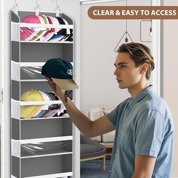 Holds 60 Caps Over the Door Hat Organizer for Baseball Caps,5-Tier Large Capacity Hat Rack Storage for Closet Door, Clear Deep pockerts Hanging Holder with 3 Hooks, Grey