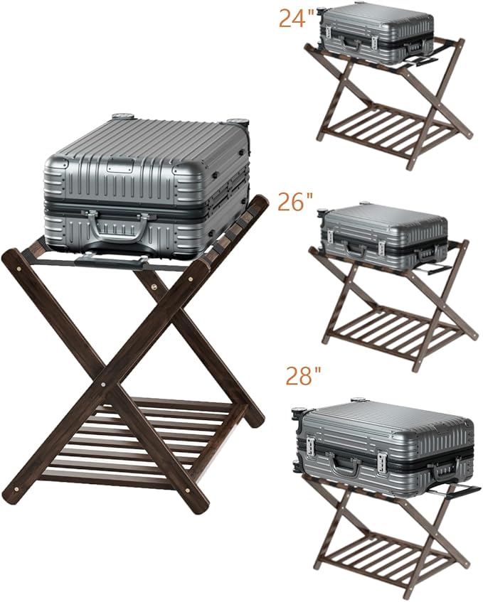 Luggage Racks, Folding Suitcase Stand with Storage Shelf, Bamboo Suitcase Rackwith Unique Magnetic Locking, 2 Pack Assembled Luggage Rack, Luggage Holders Stand for Guest Room, Bedroom, Hotel