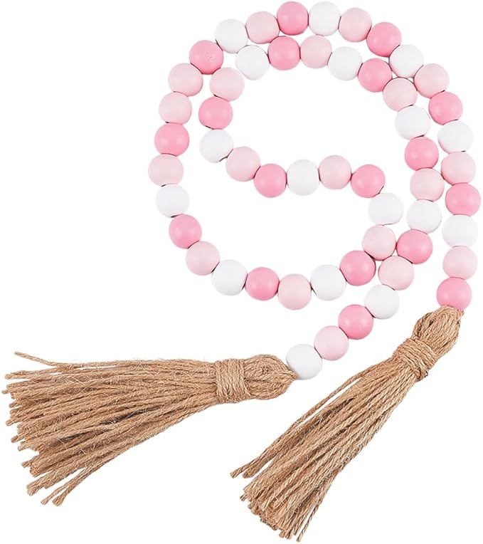 CREATCABIN 42 Inch Wood Bead Garland Decor Rustic Country Farmhouse Boho Home Pink White Wooden Beads Tassel Wall Hanging Ornaments for Coffee Table Wall Shelf Tray Vase Living Room Bedroom