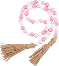 CREATCABIN 42 Inch Wood Bead Garland Decor Rustic Country Farmhouse Boho Home Pink White Wooden Beads Tassel Wall Hanging Ornaments for Coffee Table Wall Shelf Tray Vase Living Room Bedroom