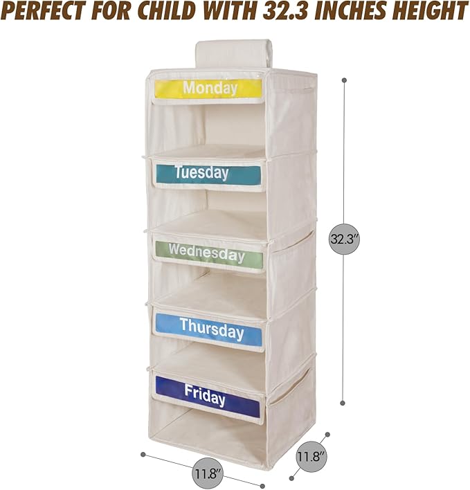 Weekly Clothes Organizer for Kids-Day of The Week Clothes Organizer for Kids-Kids Daily Clothes Organizer-Monday Friday Clothes Organizer-Kids Closet Organizer (Warm white)