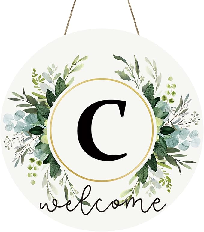 Monogram Letter C Wreaths for Front Door Wreath Wooden Welcome Sign for Front Door Decor Floral Family Last Name Initial House Warming Spring Summer Porch Rustic Wall Home Kitchen Boho Decorations