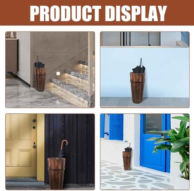 PRETYZOOM Wooden Umbrella Stand with Cane and Fan Storage Vintage Style Organizer for Entryway Natural Wood Design Capacity Space-Saving Home