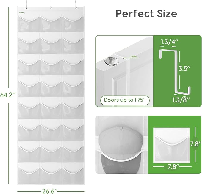 Unjumbly Baseball Hat Rack, 24 Pocket Over-The-Door Hat Organizer with Clear Deep Pockets to Display Baseball Caps Collection, Complete with 3 Over Door Hooks (White, 24 Pockets)