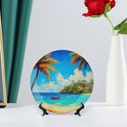 Coconut Trees Theme Decorative Ceramic Plate Round Porcelain Plate,10 inch,Beach Pattern,for Decorative Ornaments Giving Plates,1 Plate with 1 Display Stand,Blue Green