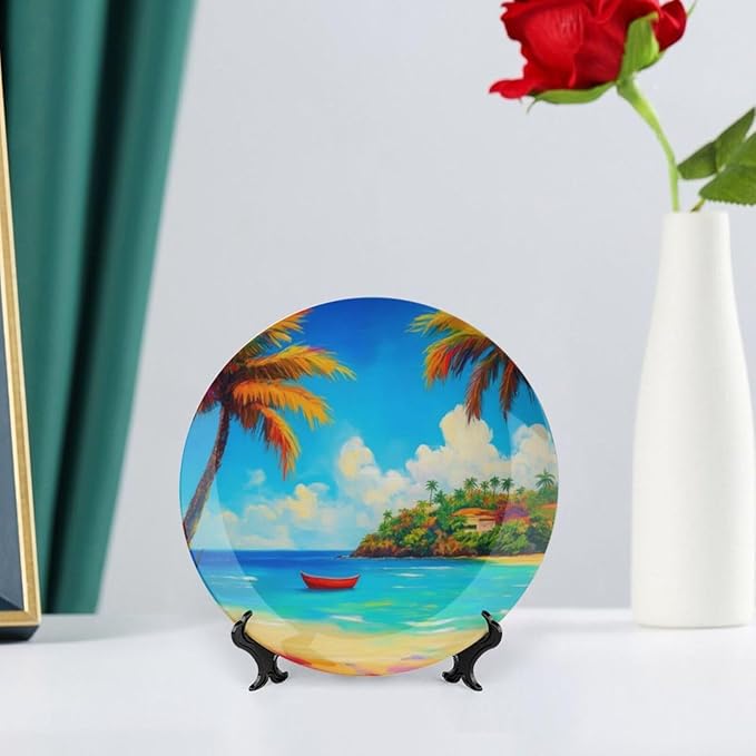 Coconut Trees Theme Decorative Ceramic Plate Round Porcelain Plate,10 inch,Beach Pattern,for Decorative Ornaments Giving Plates,1 Plate with 1 Display Stand,Blue Green