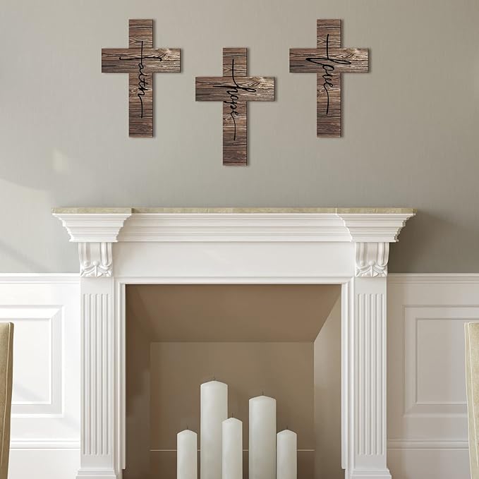 Jetec 3 Pieces Easter Faith Love Hope Cross Sign Crosses Wall Decor Wood Wall Hanging Rustic Cross Vintage Religious Love Art Decor Farmhouse Home Hanging Decorations, 12 x 8 Inch(Brown)