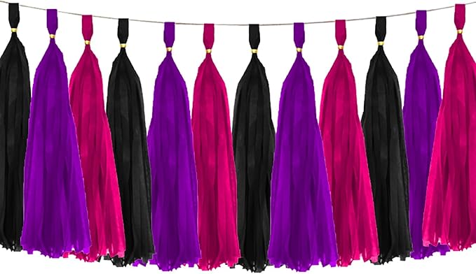 Rose Red Pink and Purple and Black Tassel Garland Paper Tissue Tassels Garland for Party Decorations, Pack of 15