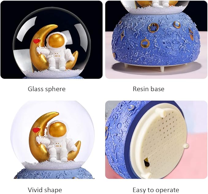 Astronaut Snow Globe Music Box, 80MM Musical Glitter Snow Globe with Color Changing LED Lights, Home Decor Birthday Gifts for Men Women Boys and Girls (Silver)