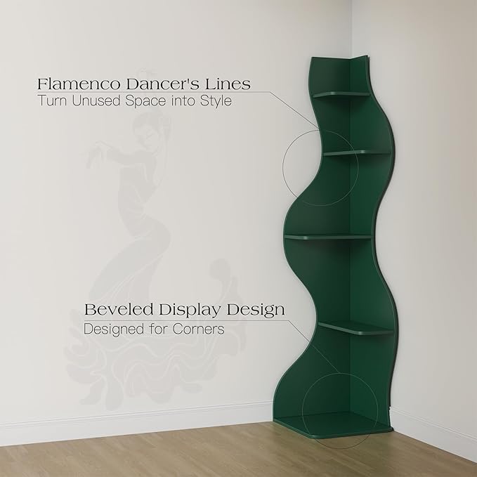 YOWOS Modern Corner Shelf, 5 Tier High Corner Bookshelf for Small Spaces, Scalloped Corner Bookshelf and Storage, Wooden Display Stand for Plants, Books and Decorations (Green)