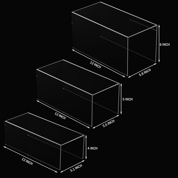 Sezanrpt Clear Display Risers Shelf 3pcs, Countertop Rectangular Acrylic Display Storage Organizer, Acrylic Stands for Funko Pop Figure, Cosmetics, Bags, Shoes, Toys, Collectibles - 12- 4'', 5'', 6''