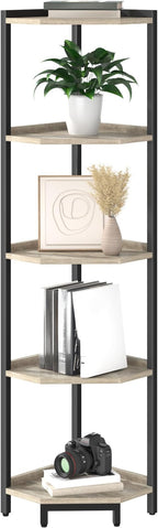 Hzuaneri Corner Shelf Stand, Corner Bookshelf, Storage Standing Shelf Unit with Metal Frame, Plant Stand, Bookcase for Living Room, Home Office, Bedroom, 5-Tier Greige CS05905B