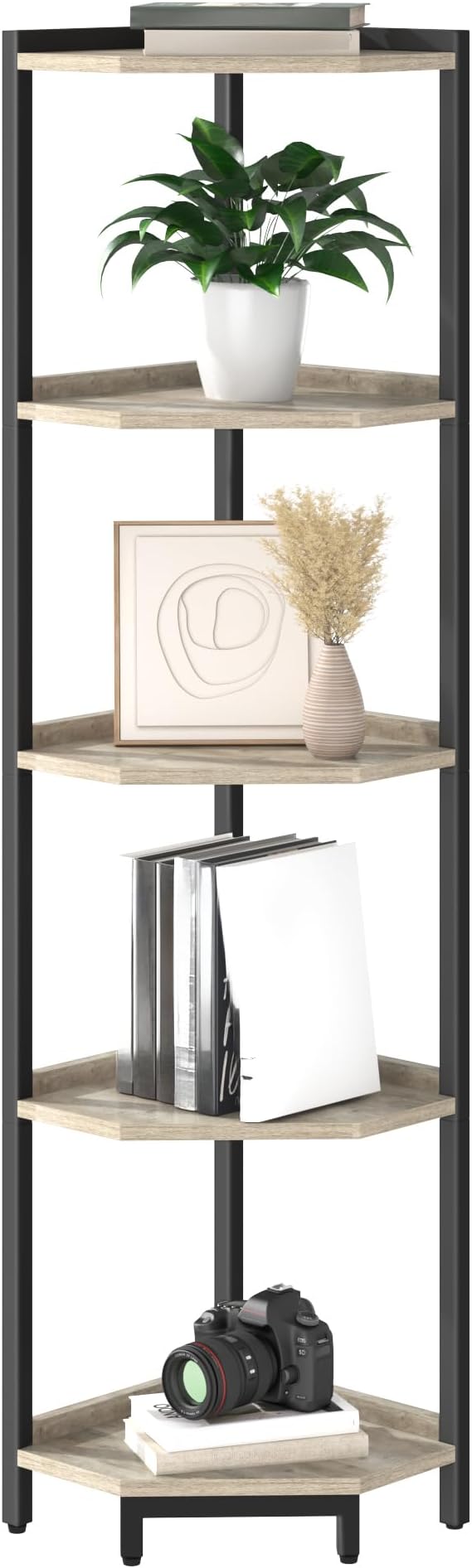 Hzuaneri Corner Shelf Stand, Corner Bookshelf, Storage Standing Shelf Unit with Metal Frame, Plant Stand, Bookcase for Living Room, Home Office, Bedroom, 5-Tier Greige CS05905B