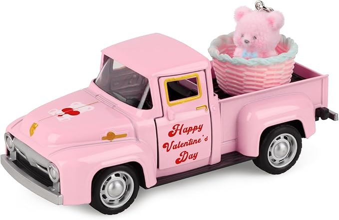 Hxezoc Pink Truck Decor Vintage Metal Truck with Pink Flower Basket Ornament Valentine's Day Farmhouse Tabletop Mantle Decoration for Home Kitchen Office Valentine's Day Theme Party Supplies