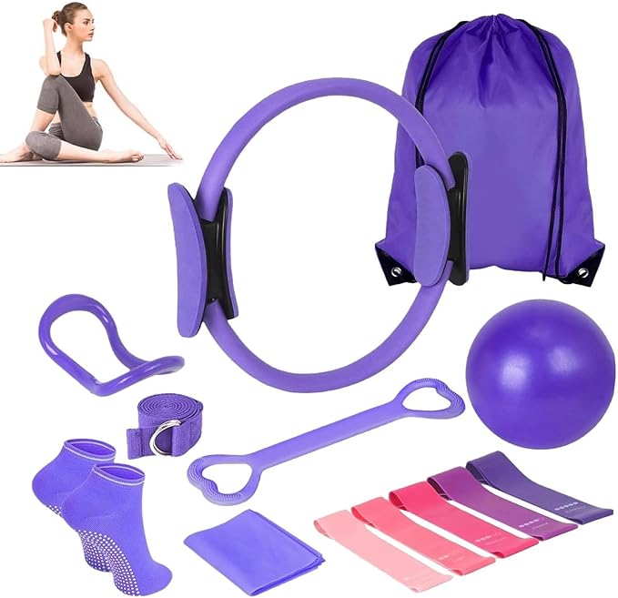 Pilates Essentials Kit for Women Set of 13, Yoga Sets at Home, Includes Pilates Ring, 8-Shaped Tension Band, Yoga Ball - Perfect for Women's Home Workouts & Beginners
